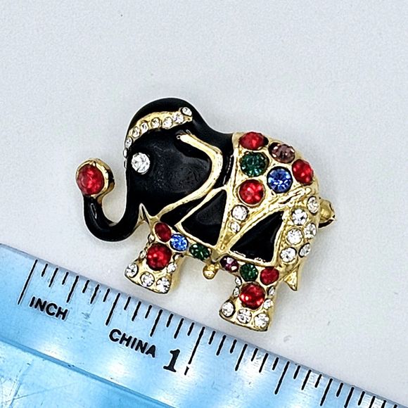 Vintage Jeweled Elephant Brooch Black Enamel Indian Asian Gold Tone Jewelry Pin - Picture 8 of 10